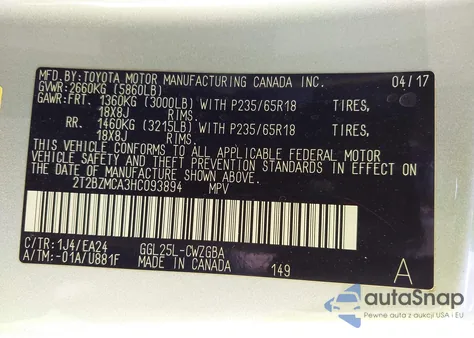 2017 Lexus Rx 350 из США, поврежденный, VIN 2T2BZMCA3HC093894